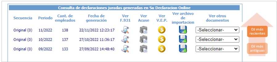 INovedades módulo de consultas Imagen de pantallas del sistema donde se muestra el cambio en el orden de las Declaraciones Juradas generadas