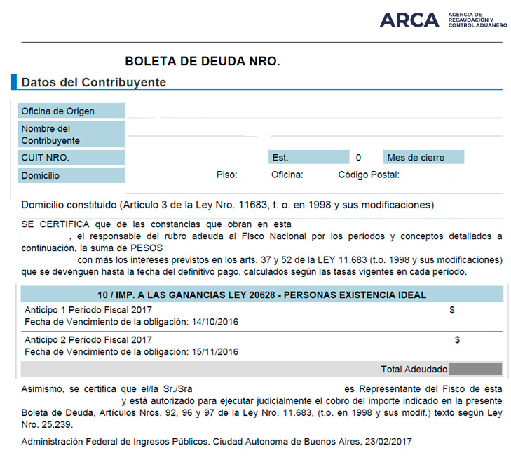 Imagen modelo de boleta de deuda