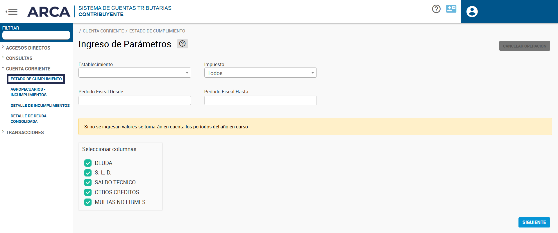 Pantalla del Sistema de Cuentas Tributarias, donde se muestra cómo acceder a la consulta de la situación de un contribuyente